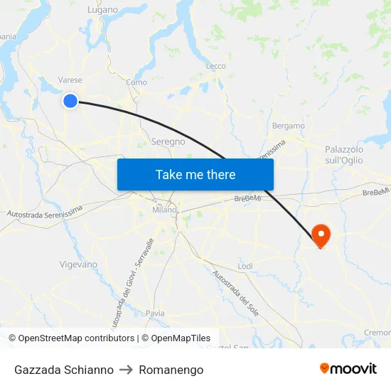 Gazzada Schianno to Romanengo map