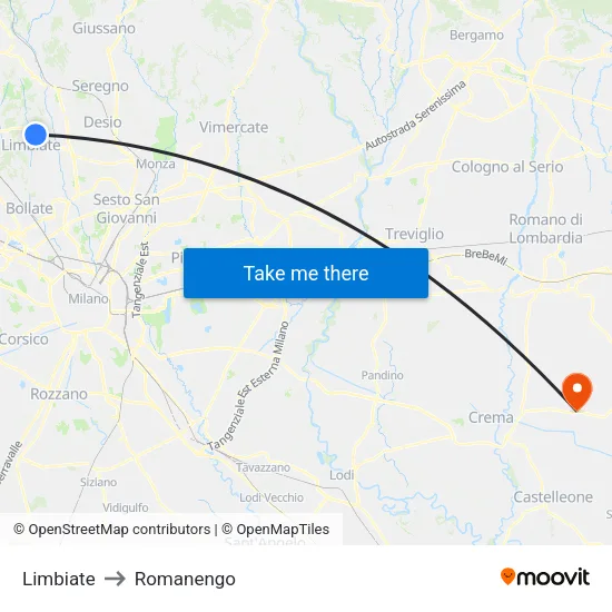 Limbiate to Romanengo map