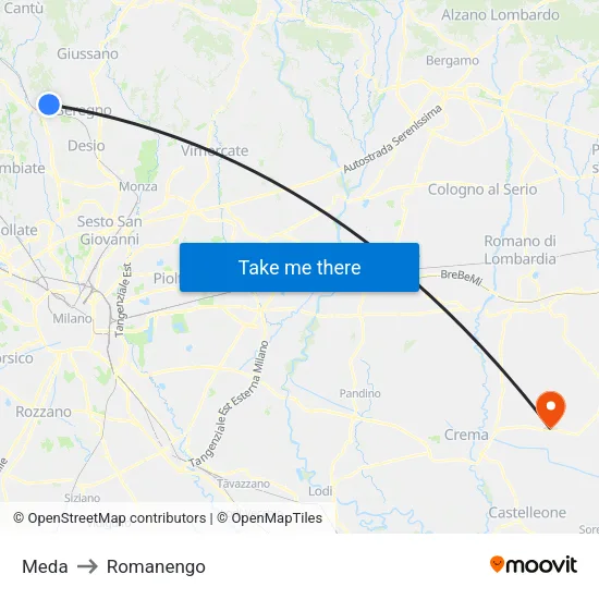 Meda to Romanengo map