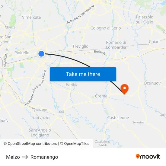 Melzo to Romanengo map