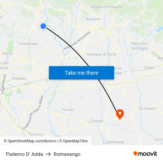 Paderno D' Adda to Romanengo map