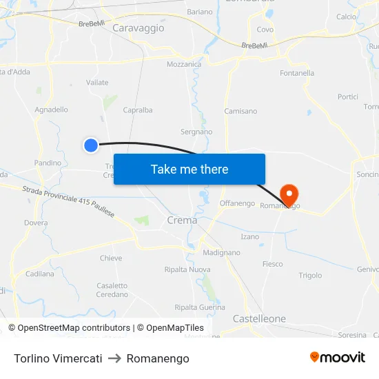 Torlino Vimercati to Romanengo map