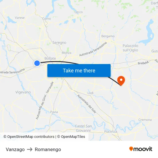 Vanzago to Romanengo map
