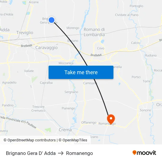 Brignano Gera d'Adda to Romanengo map