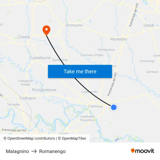 Malagnino to Romanengo map