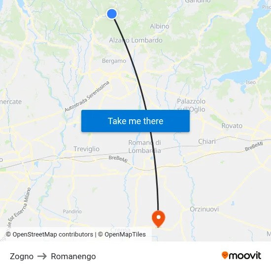 Zogno to Romanengo map