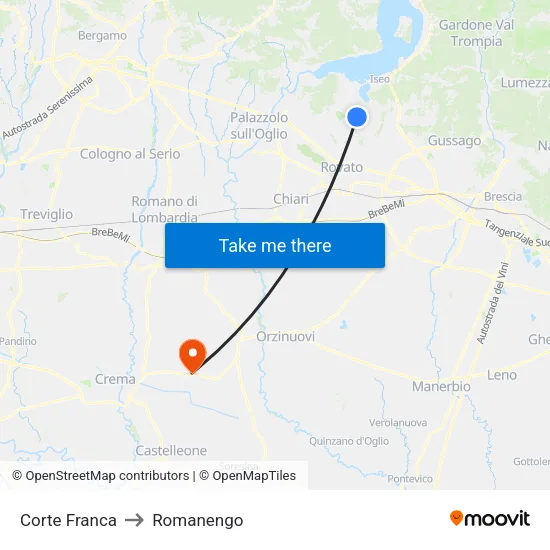 Corte Franca to Romanengo map
