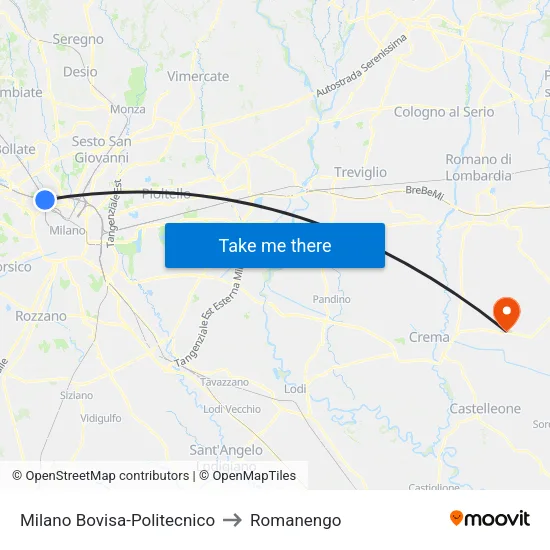 Milan Bovisa-Polytechnic to Romanengo map
