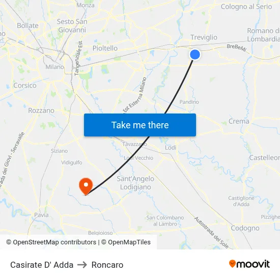 Casirate d'Adda to Roncaro map