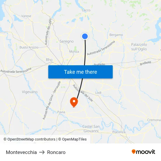 Montevecchia to Roncaro map