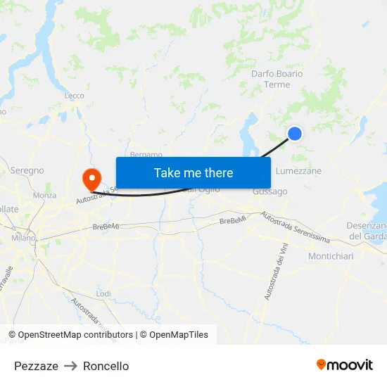 Pezzaze to Roncello map