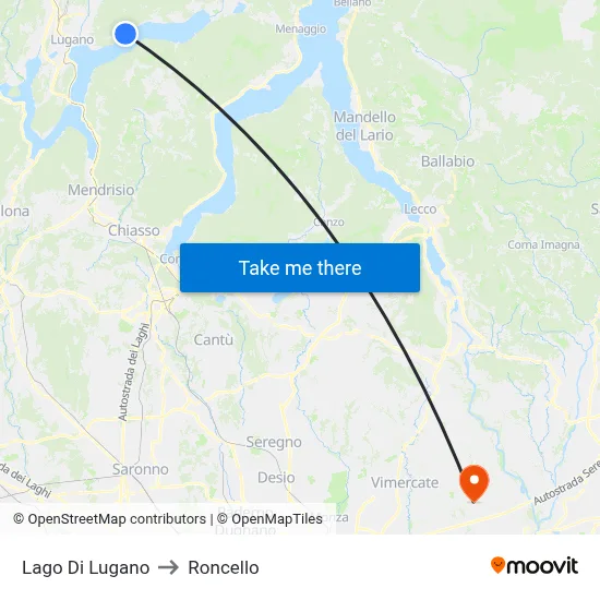 Lake of Lugano to Roncello map