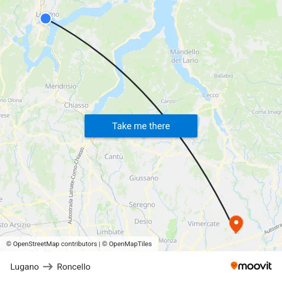 Lugano to Roncello map