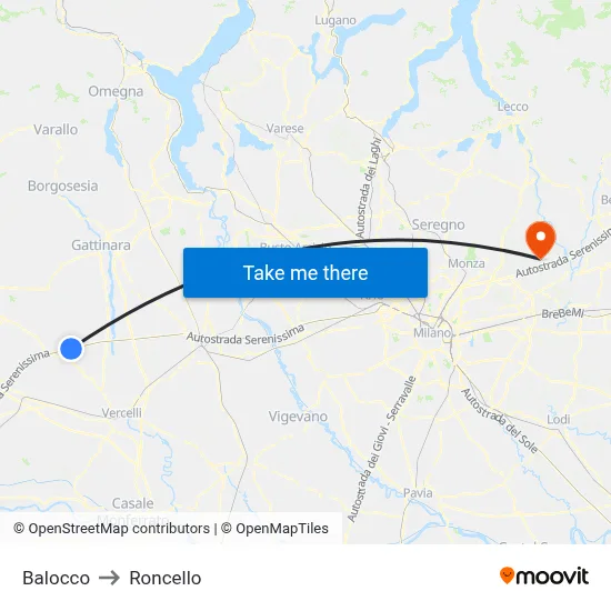 Balocco to Roncello map