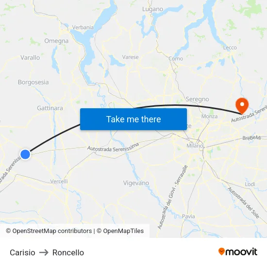 Carisio to Roncello map