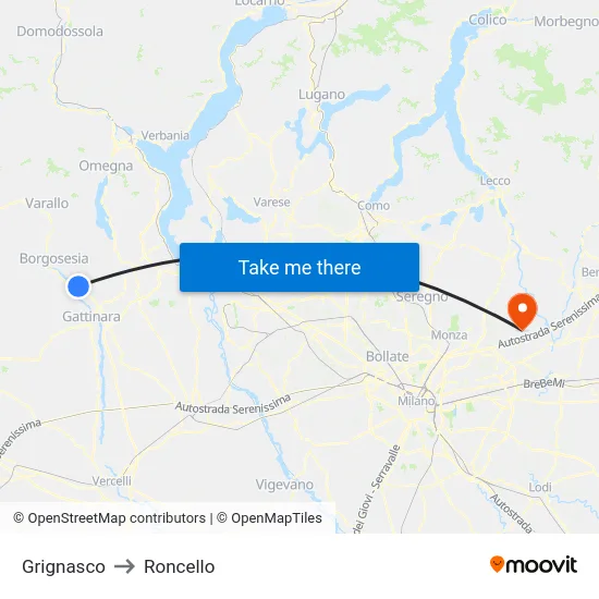Grignasco to Roncello map