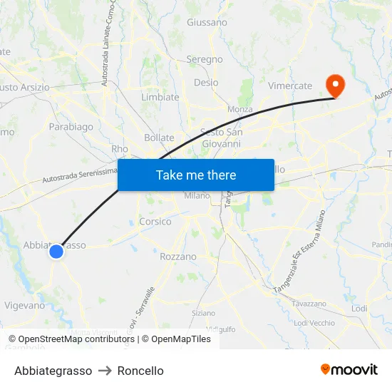 Abbiategrasso to Roncello map