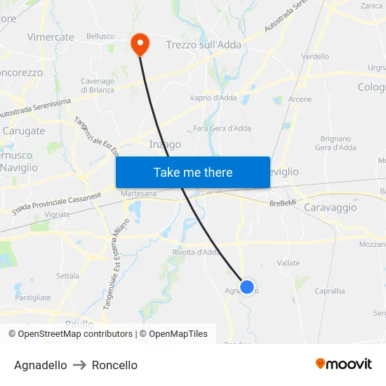 Agnadello to Roncello map