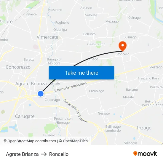 Agrate Brianza to Roncello map