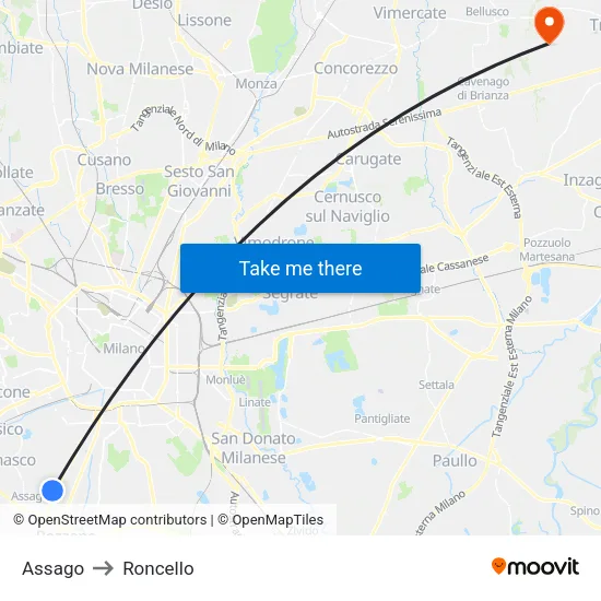 Assago to Roncello map