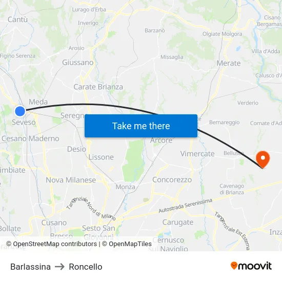 Barlassina to Roncello map