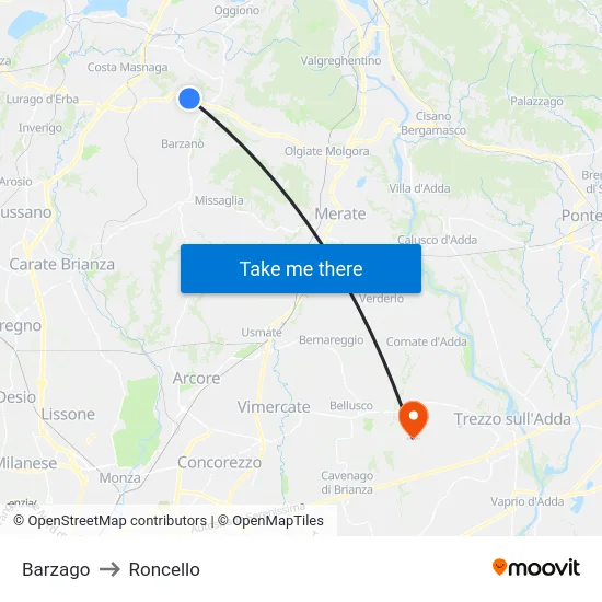 Barzago to Roncello map