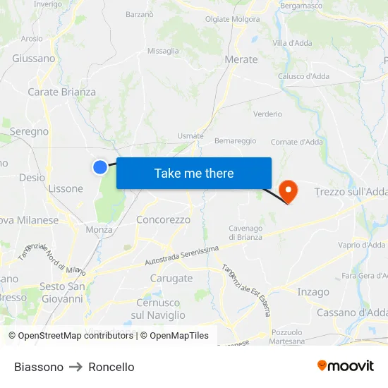 Biassono to Roncello map