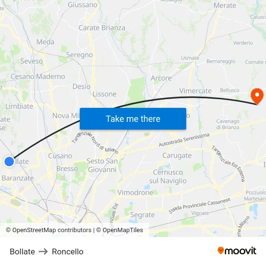 Bollate to Roncello map