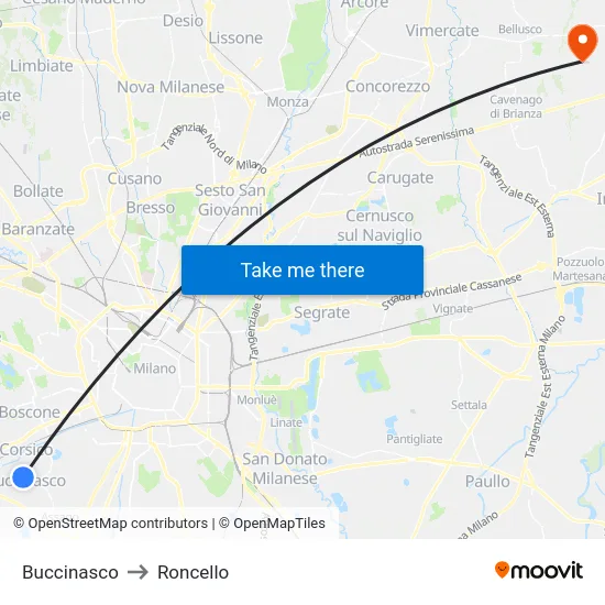 Buccinasco to Roncello map
