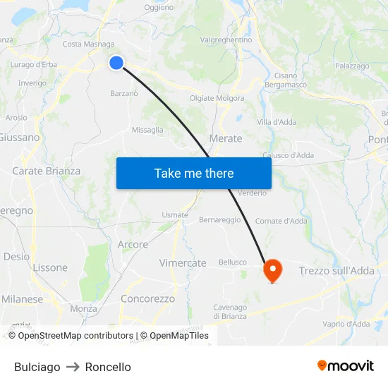 Bulciago to Roncello map