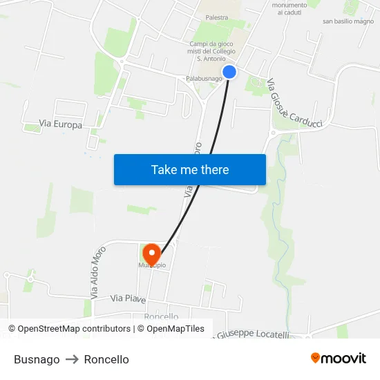 Busnago to Roncello map