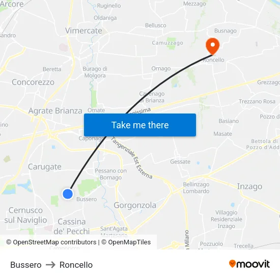 Bussero to Roncello map