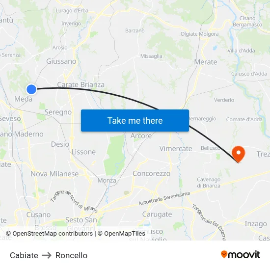 Cabiate to Roncello map