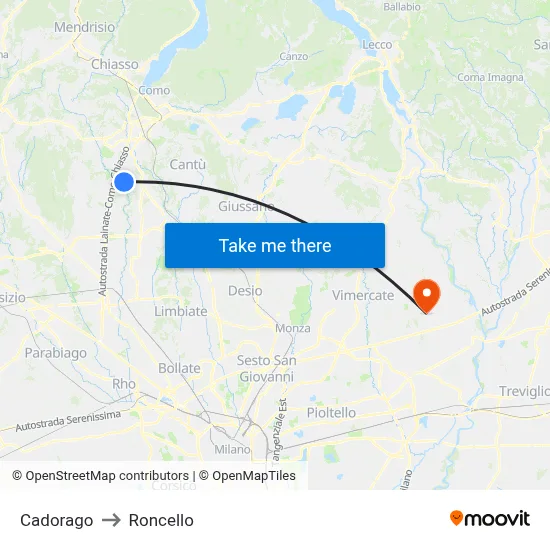 Cadorago to Roncello map