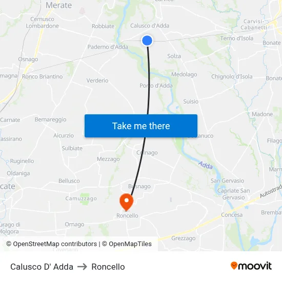 Calusco d'Adda to Roncello map