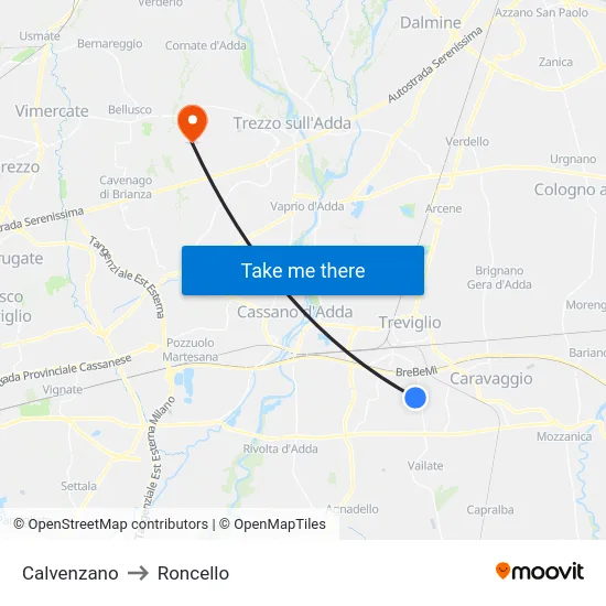 Calvenzano to Roncello map