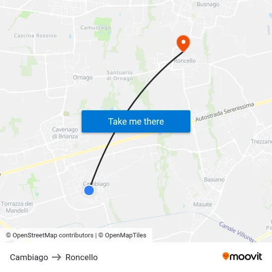 Cambiago to Roncello map