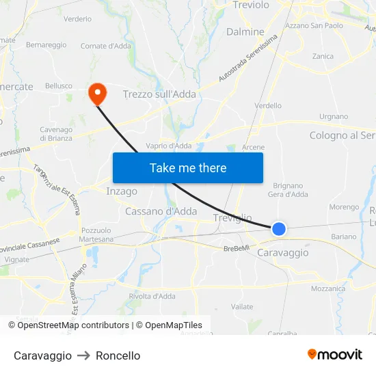 Caravaggio to Roncello map