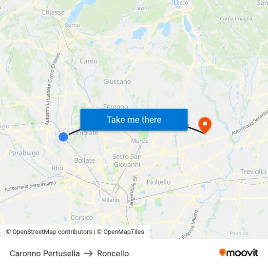 Caronno Pertusella to Roncello map
