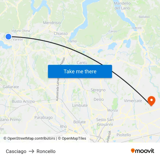Casciago to Roncello map
