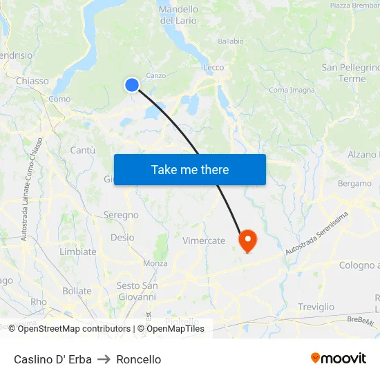 Caslino d'Erba to Roncello map