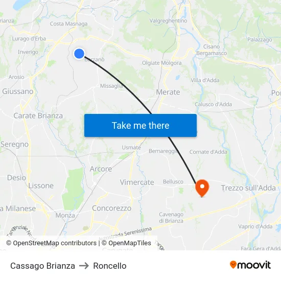 Cassago Brianza to Roncello map
