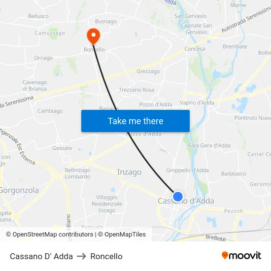 Cassano D' Adda to Roncello map