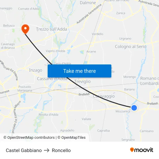 Castel Gabbiano to Roncello map