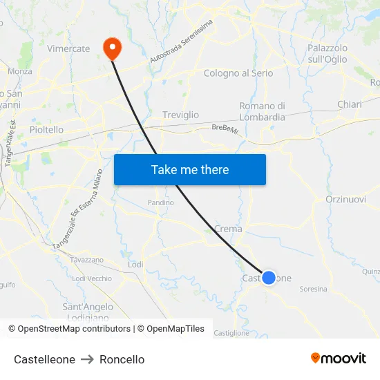 Castelleone to Roncello map