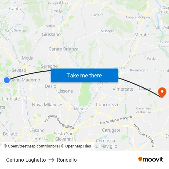 Ceriano Laghetto to Roncello map