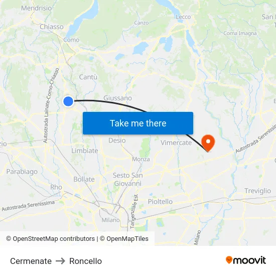 Cermenate to Roncello map