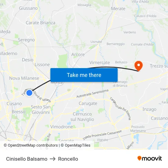 Cinisello Balsamo to Roncello map