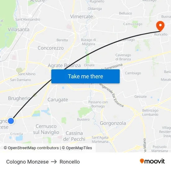 Cologno Monzese to Roncello map