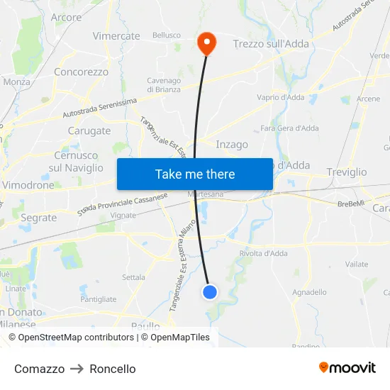 Comazzo to Roncello map